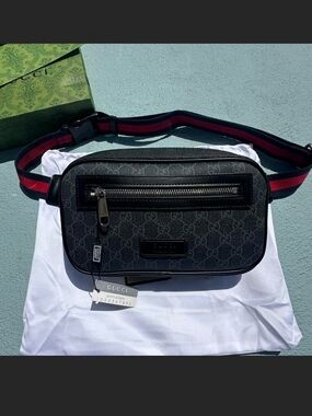Gucci Black GG Canvas Belt Bag with Red & Green Web Strap